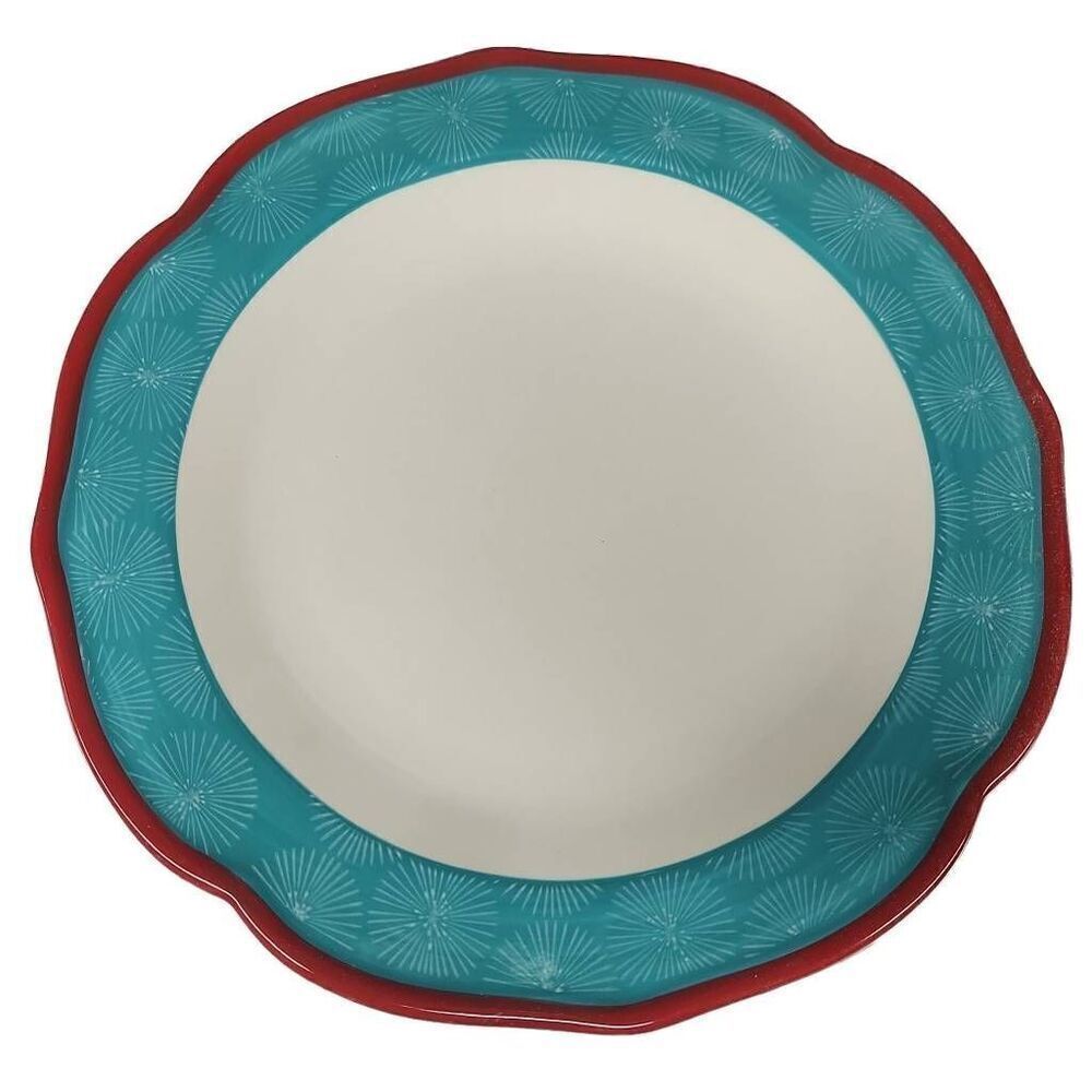 The Pioneer Woman Happiness Teal Scalloped Red Rim 10.5" Dinner Plate